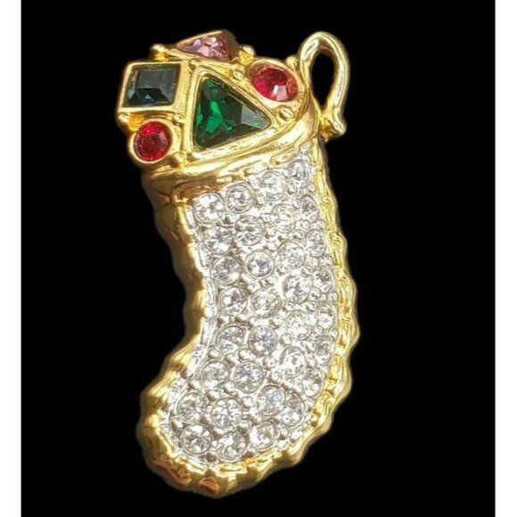 VTG Swarovski Crystal Christmas Stocking Pin Brooch Holiday Gold Tone Gems 1.5" - Picture 13 of 13